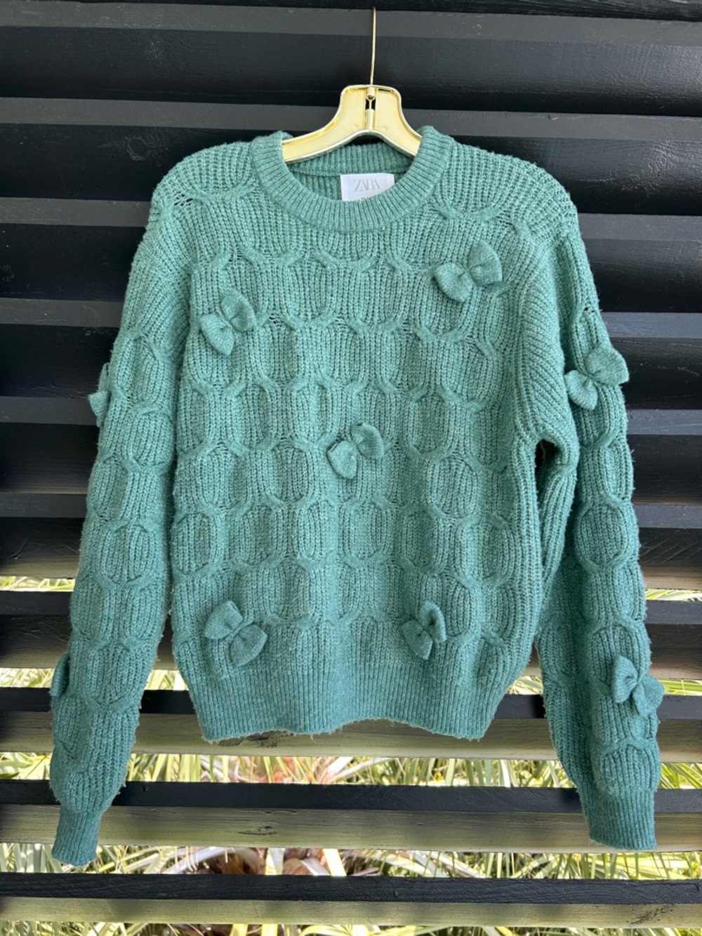 Zara Seafoam Green Cable Knit Sweater with Bow Accents